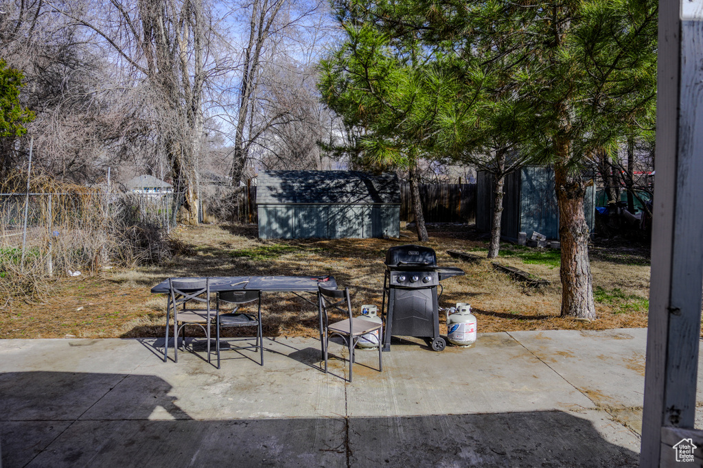 View of patio / terrace featuring a grill and an outdoor structure