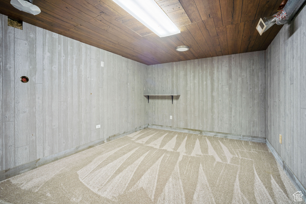 Basement featuring light colored carpet, wooden walls, and wooden ceiling