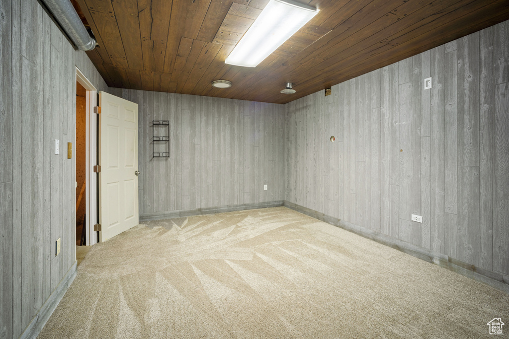 Basement featuring light carpet, wood walls, and wooden ceiling