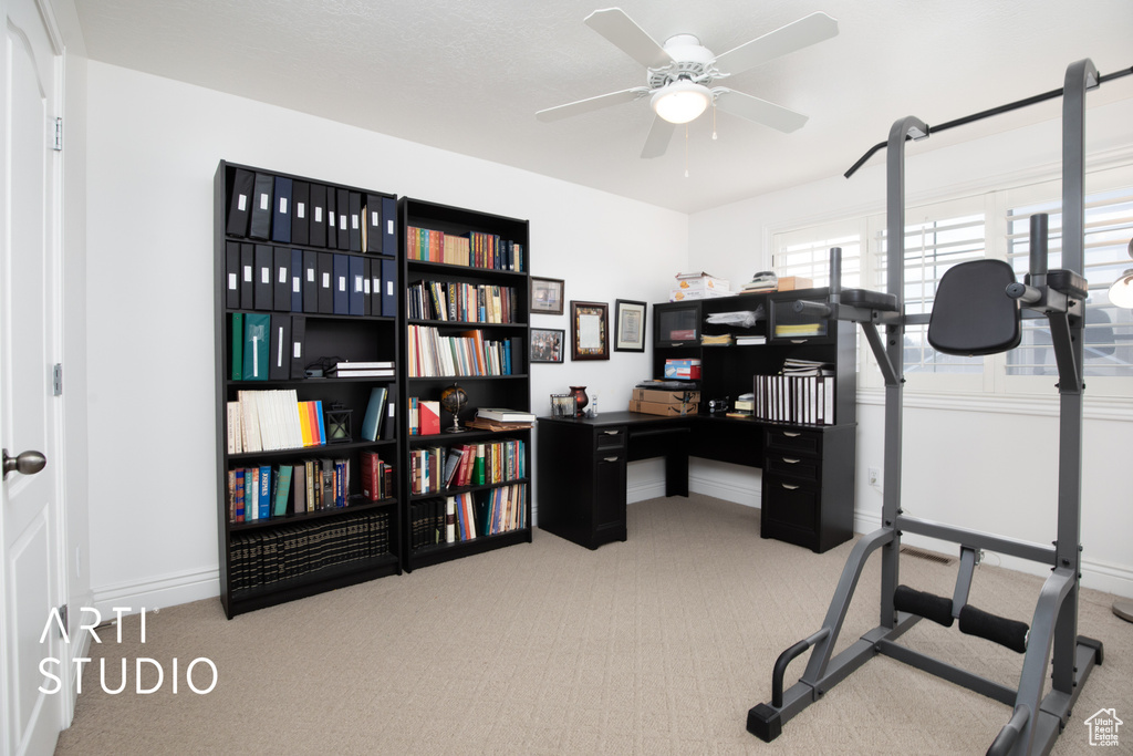 Workout area featuring light carpet and ceiling fan