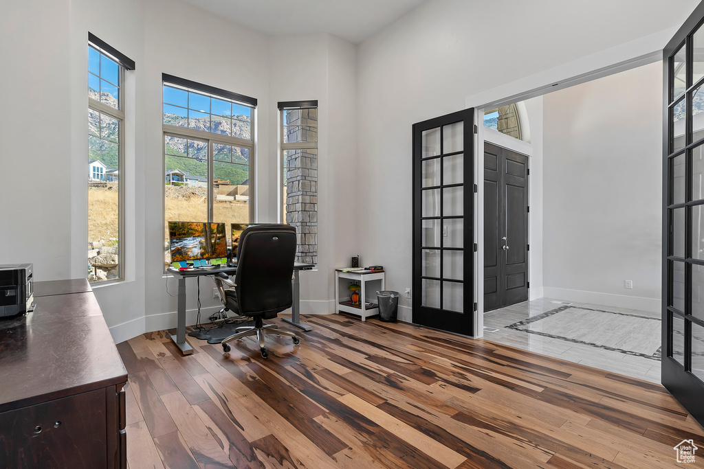 Home office featuring french doors, dark hardwood / wood-style floors, and a high ceiling