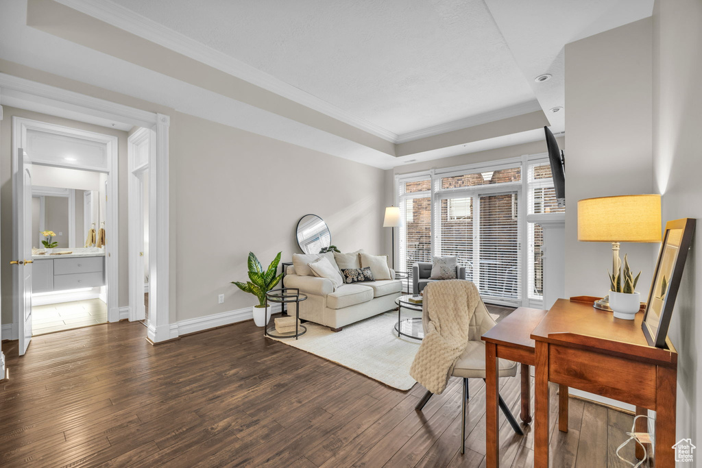 Living room featuring dark hardwood / wood-style floors, a raised ceiling, and ornamental molding