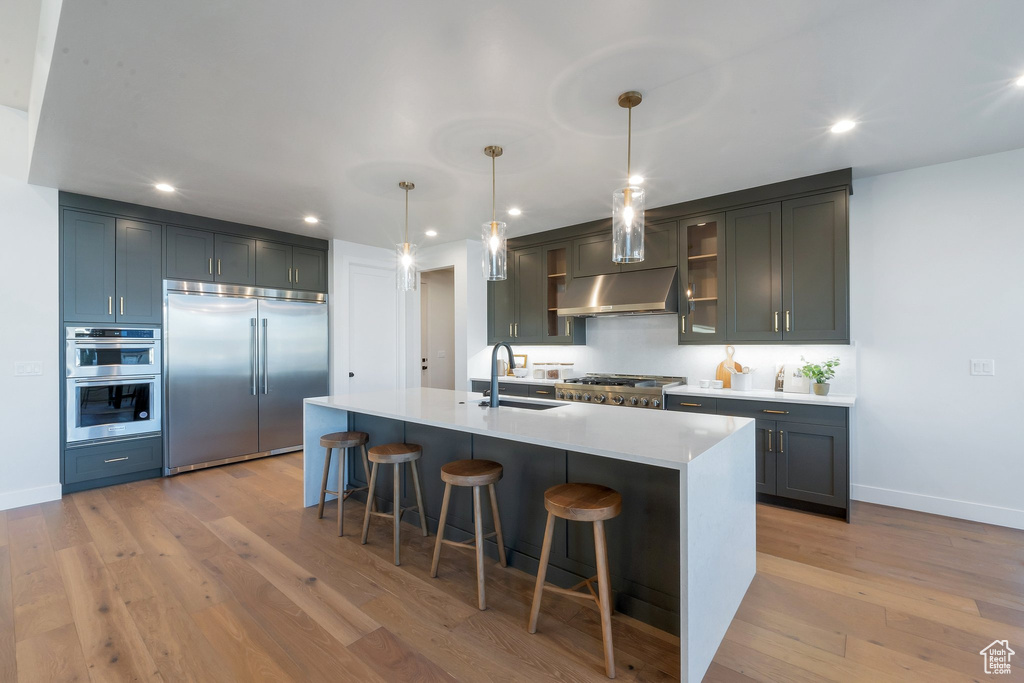Kitchen featuring appliances with stainless steel finishes, hanging light fixtures, light hardwood / wood-style floors, sink, and a kitchen island with sink