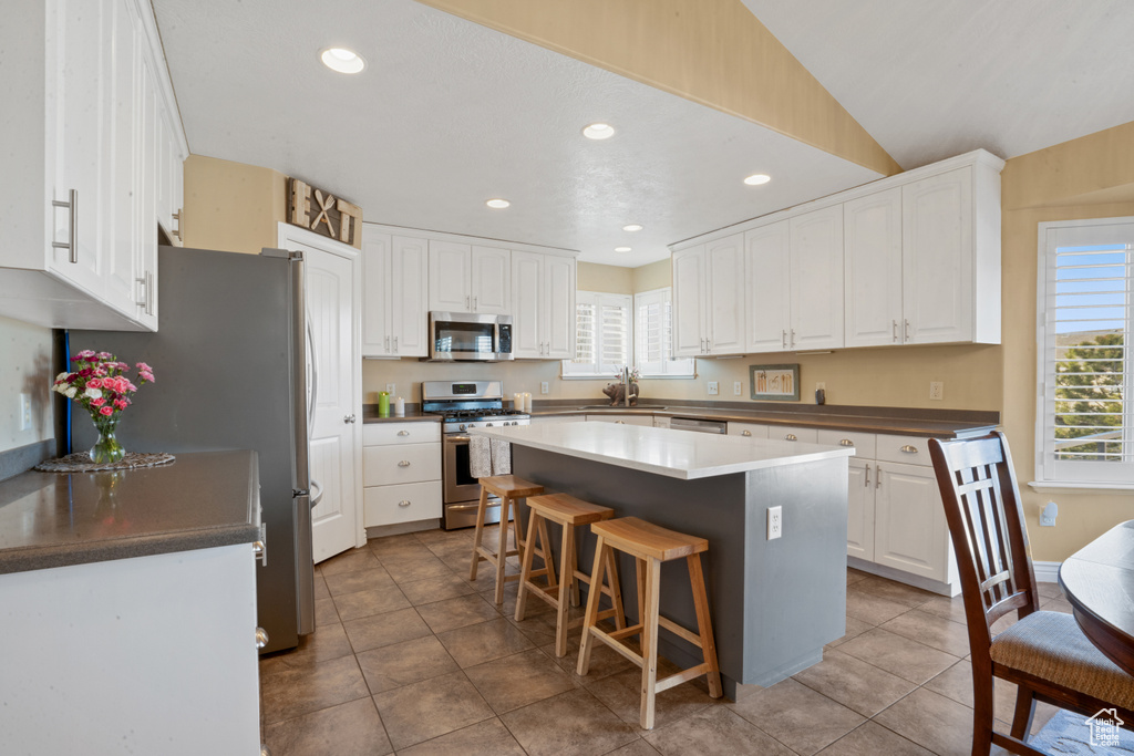 Kitchen with a wealth of natural light, a center island, stainless steel appliances, and white cabinets