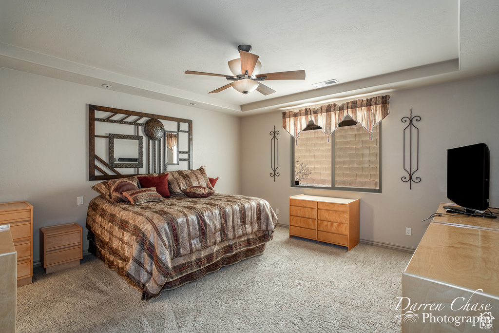 Bedroom with a raised ceiling, light colored carpet, and ceiling fan