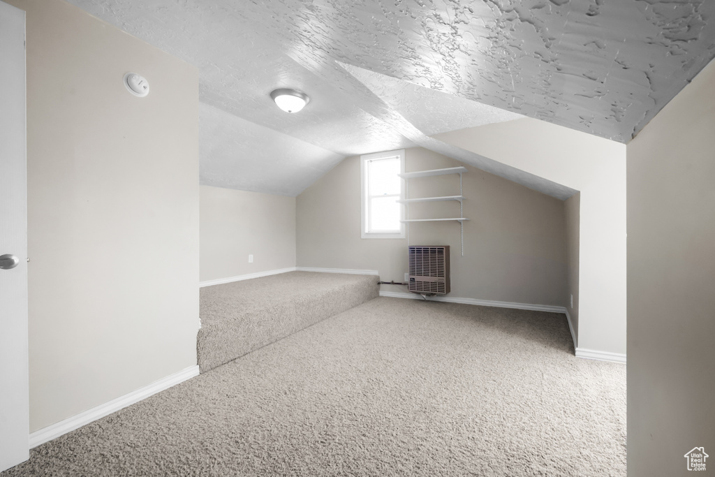 Additional living space featuring lofted ceiling, light colored carpet, and a textured ceiling