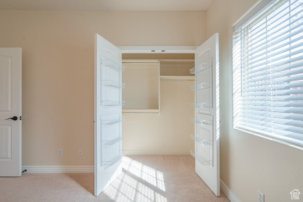 Unfurnished bedroom featuring multiple windows, a closet, and light colored carpet