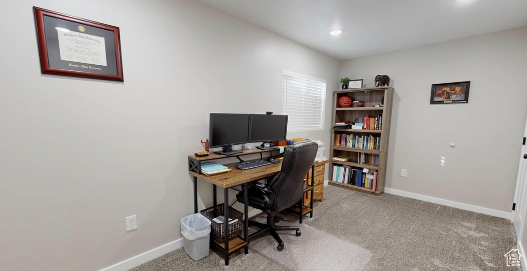 Home office with light carpet