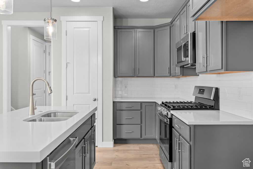 Kitchen featuring sink, light wood-type flooring, backsplash, stainless steel appliances, and pendant lighting