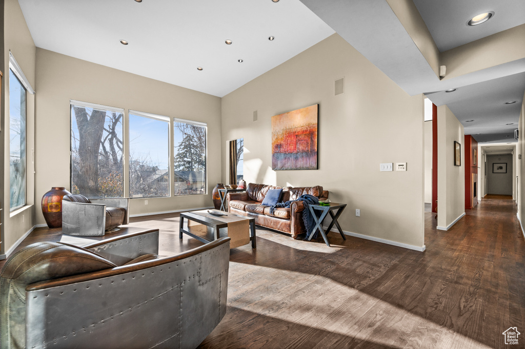 Living room featuring dark hardwood / wood-style floors and lofted ceiling