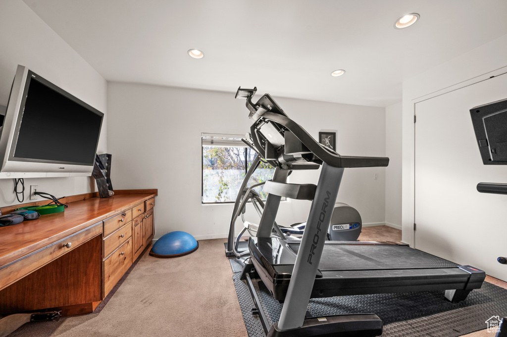 Exercise room featuring light colored carpet