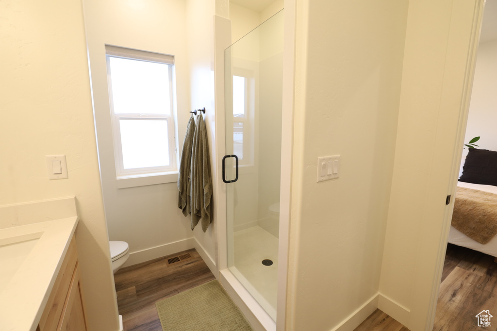 Bathroom with an enclosed shower, hardwood / wood-style flooring, toilet, and vanity
