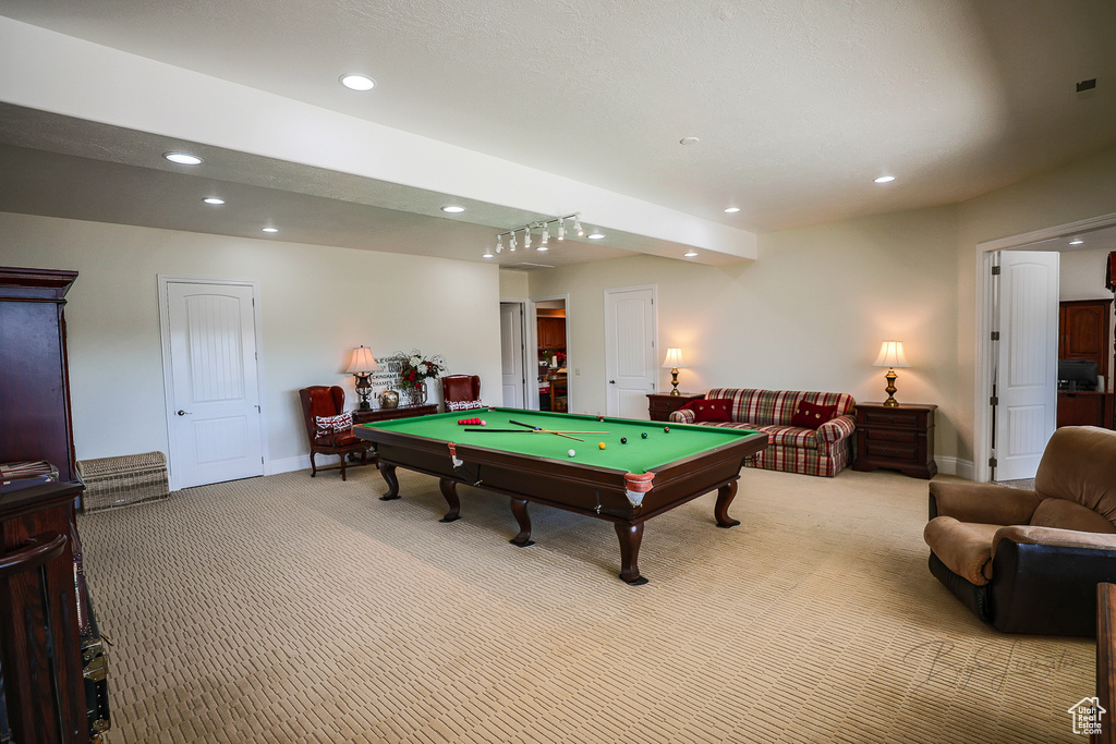 Rec room featuring light carpet and pool table