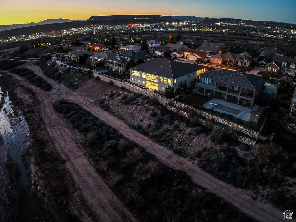 Aerial view at dusk with a mountain view