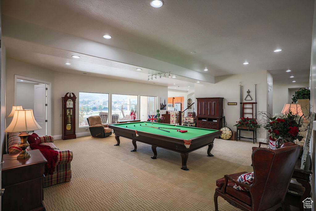 Rec room featuring light carpet and pool table