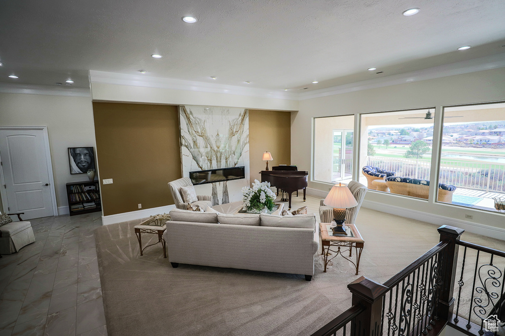 Tiled living room with ornamental molding