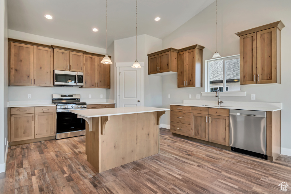 Kitchen with a kitchen island, stainless steel appliances, a breakfast bar area, and dark wood-type flooring