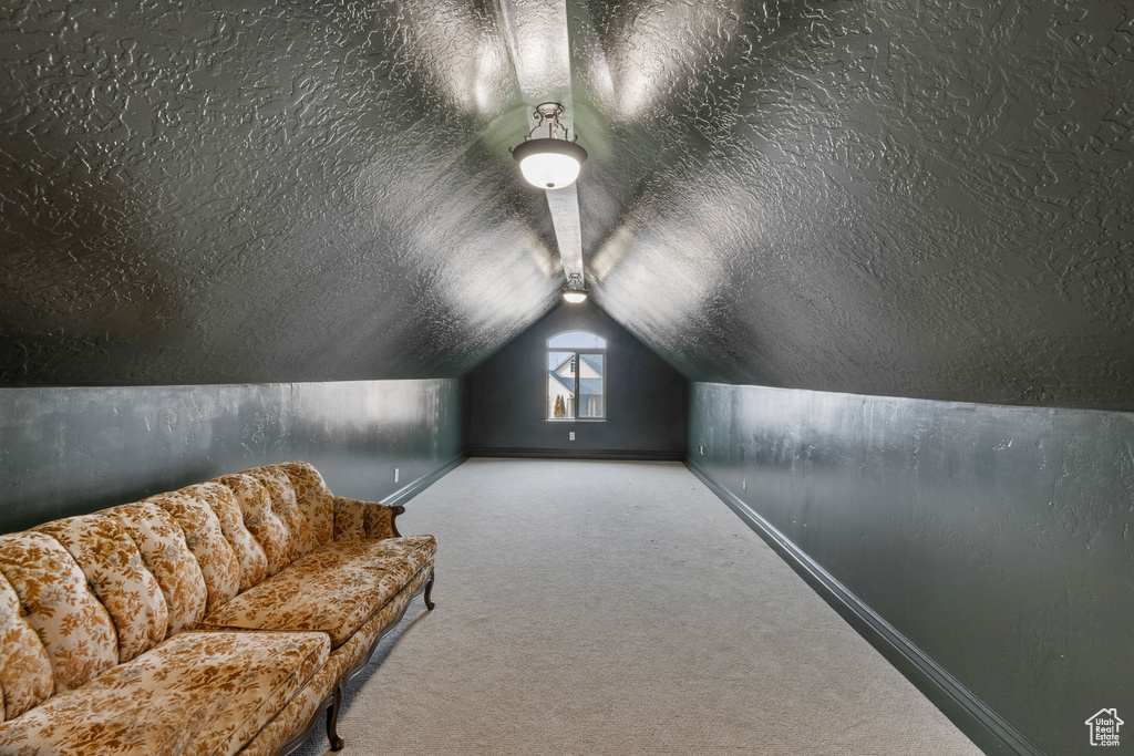 Additional living space with a textured ceiling, vaulted ceiling, and light colored carpet
