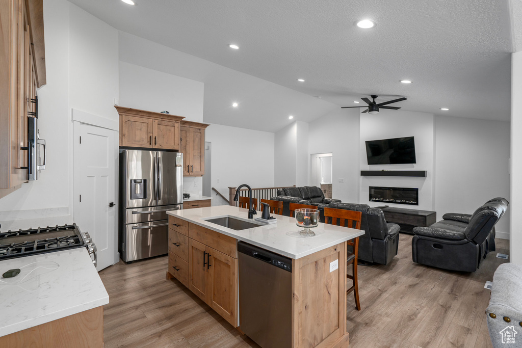 Kitchen with ceiling fan, sink, light wood-type flooring, a center island with sink, and stainless steel appliances