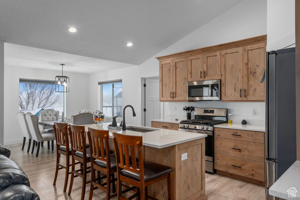 Kitchen featuring appliances with stainless steel finishes, a chandelier, sink, and light hardwood / wood-style floors