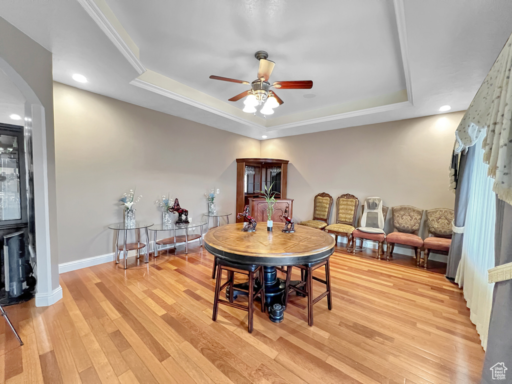 Dining room featuring light hardwood / wood-style floors, ceiling fan, and a raised ceiling