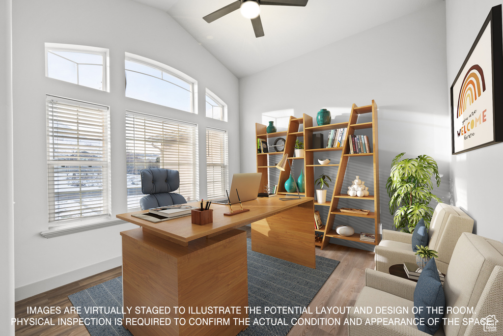 Office area with high vaulted ceiling, ceiling fan, and dark hardwood / wood-style floors
