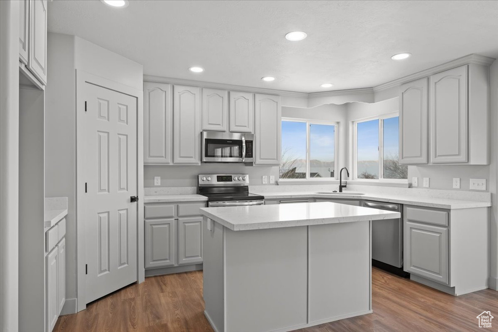 Kitchen featuring dark hardwood / wood-style floors, a kitchen island, stainless steel appliances, and sink