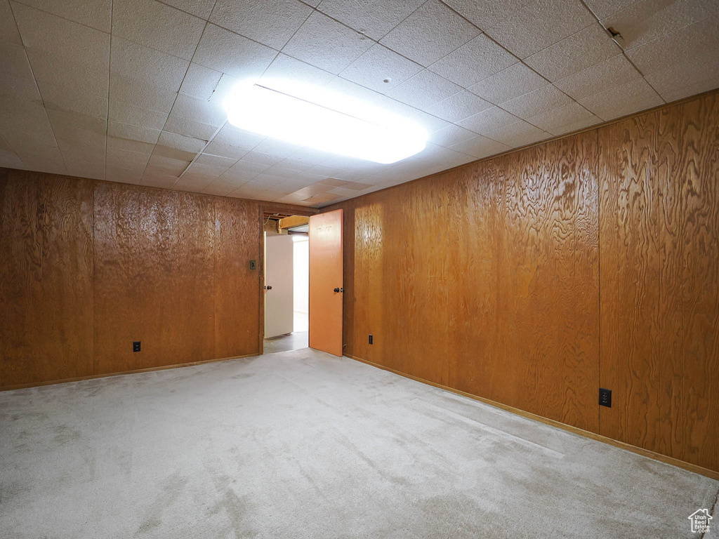 Basement featuring wooden walls and light carpet