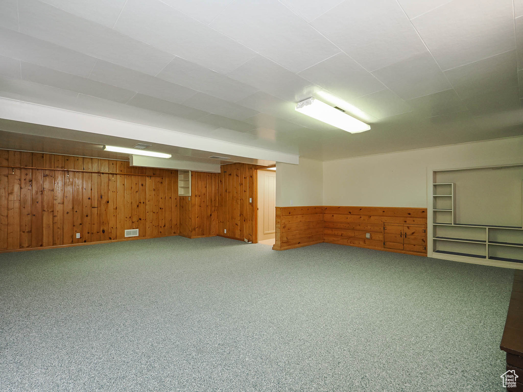 Basement featuring wood walls and carpet