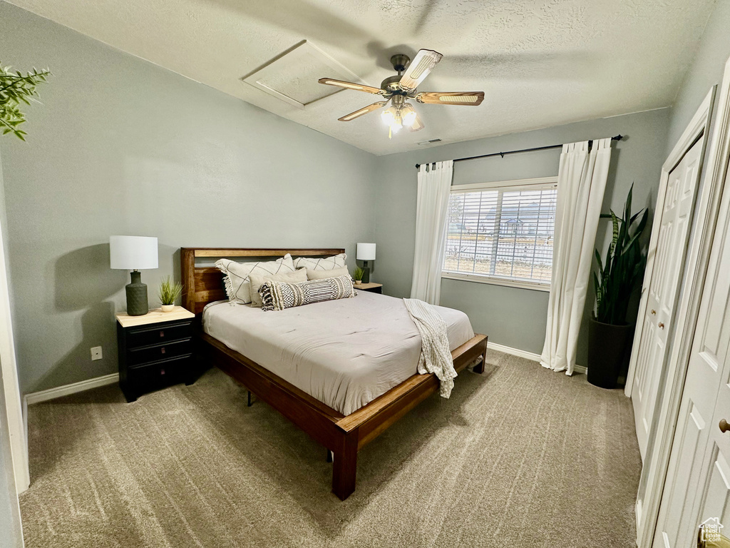 Carpeted bedroom with a closet and ceiling fan