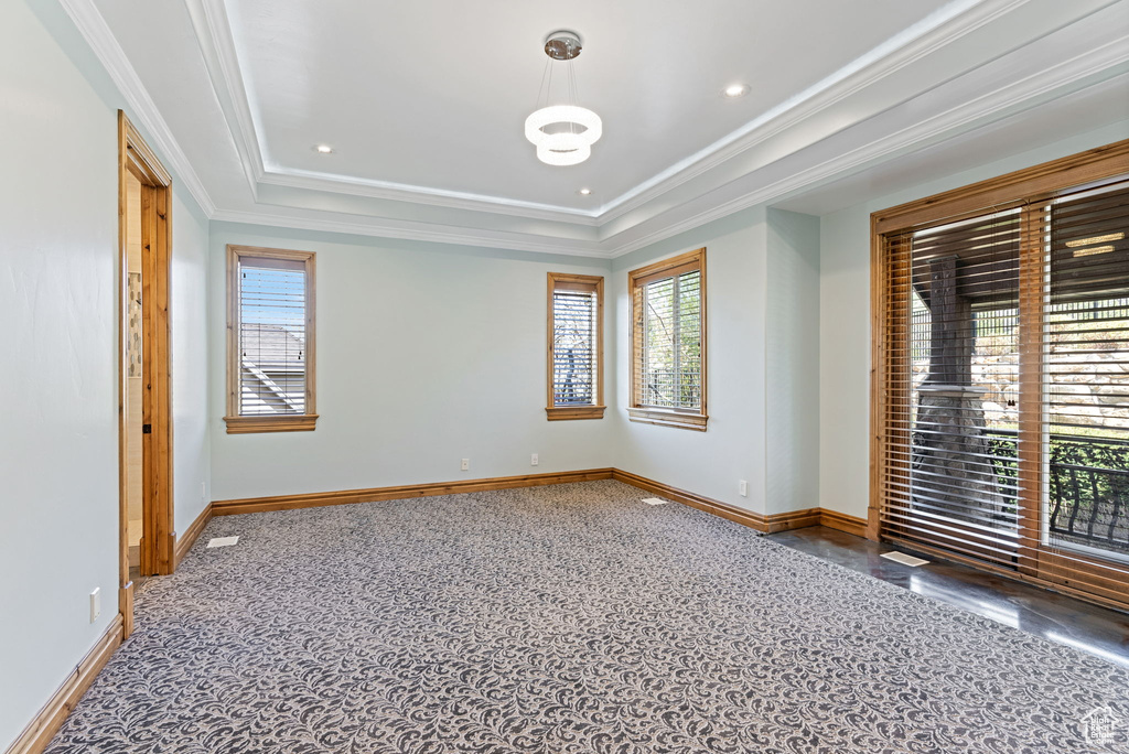 Carpeted empty room with crown molding and a tray ceiling