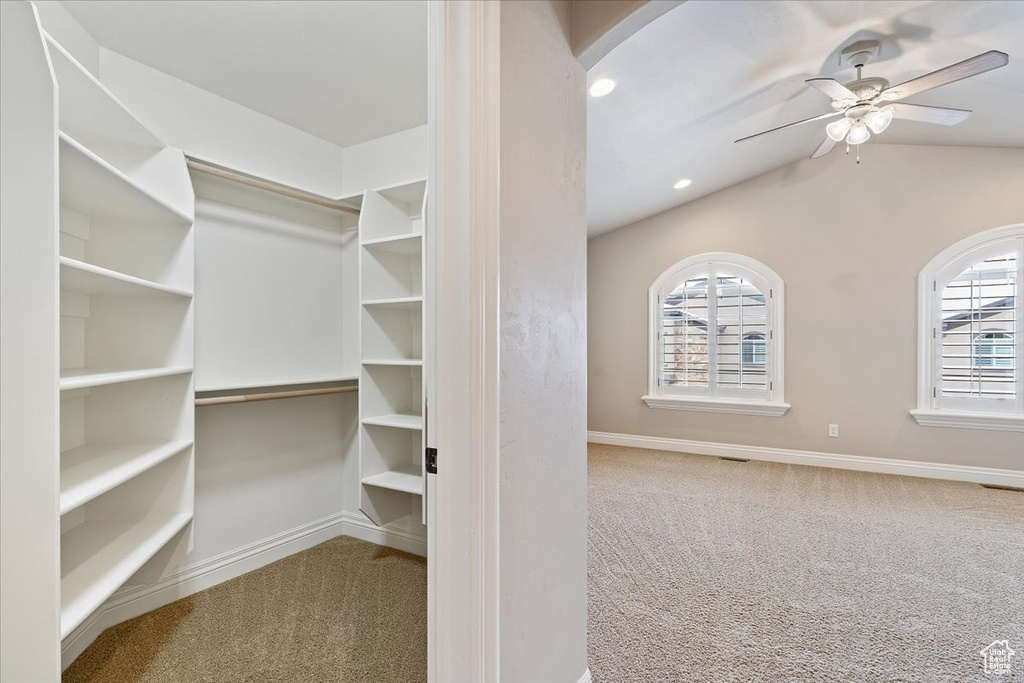 Walk in closet with lofted ceiling, light colored carpet, and ceiling fan