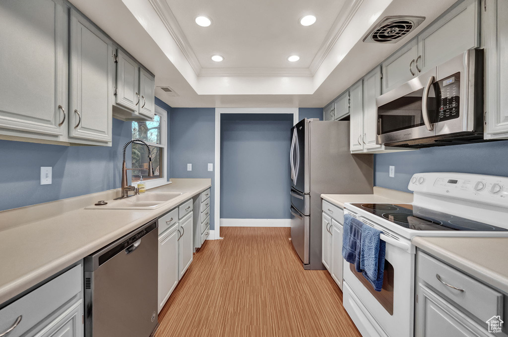 Kitchen with a raised ceiling, ornamental molding, stainless steel appliances, sink, and light wood-type flooring