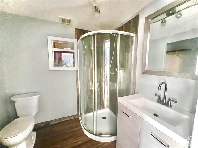 Bathroom featuring a shower with shower door, vanity with extensive cabinet space, hardwood / wood-style floors, and toilet