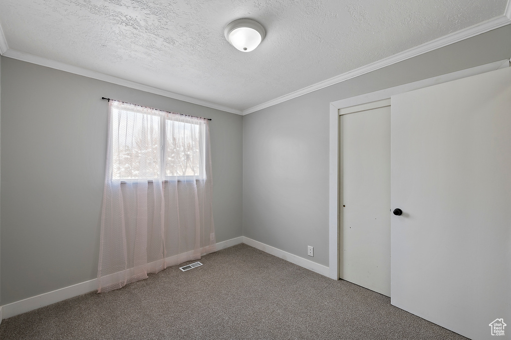 Empty room featuring carpet flooring, a textured ceiling, and crown molding