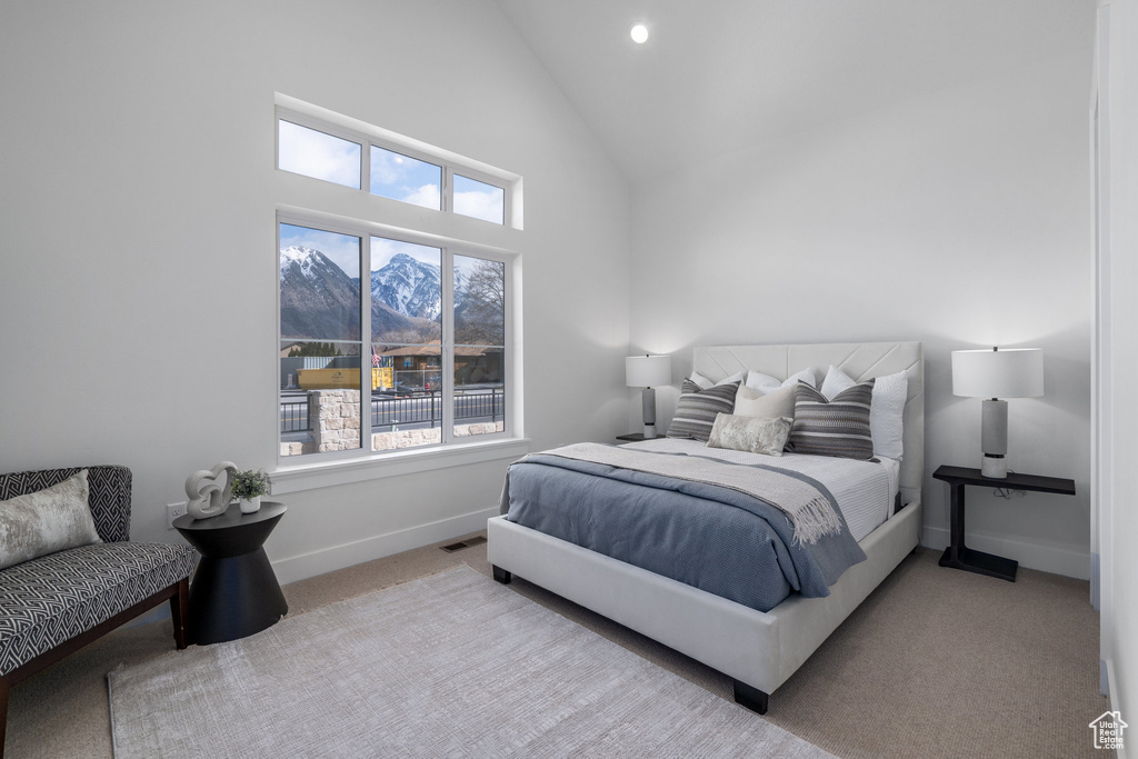 Bedroom featuring a mountain view, multiple windows, light carpet, and high vaulted ceiling