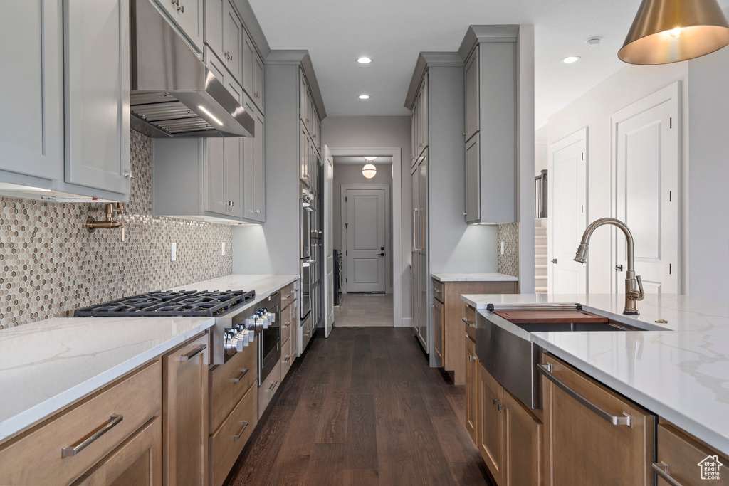 Kitchen featuring sink, tasteful backsplash, dark hardwood / wood-style floors, and light stone counters