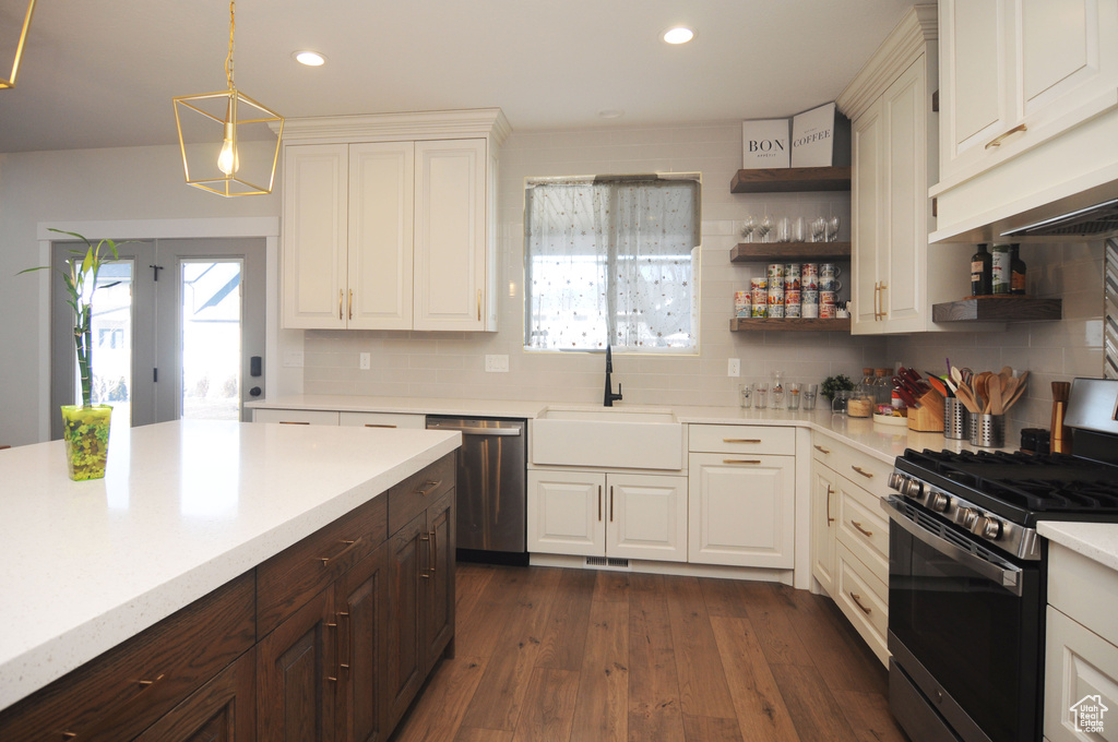 Kitchen featuring dark hardwood / wood-style flooring, sink, decorative light fixtures, dark brown cabinets, and stainless steel appliances
