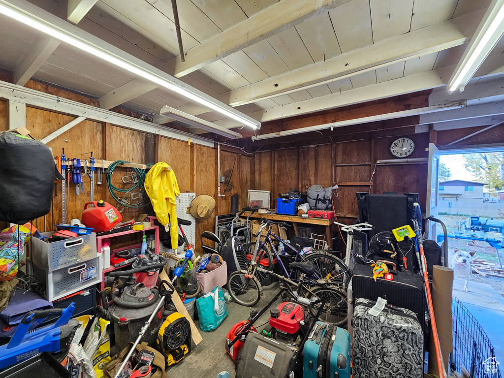 Garage with wooden walls