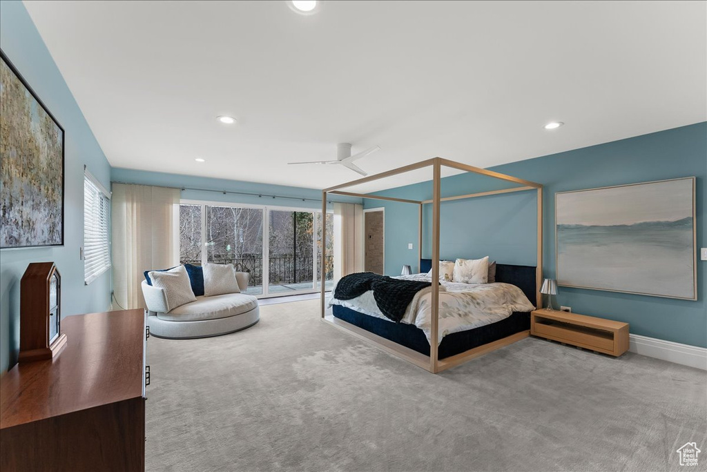 Bedroom featuring carpet floors, access to outside, and ceiling fan