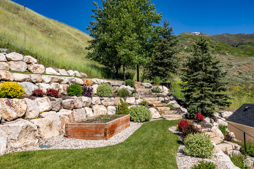 View of yard featuring a mountain view