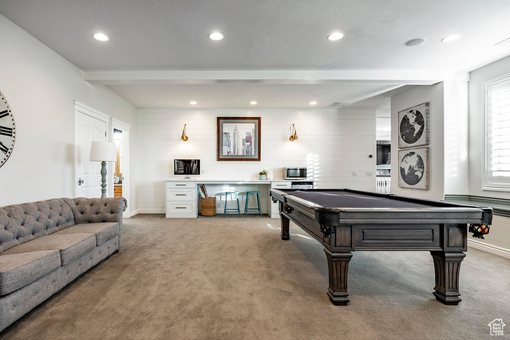 Recreation room featuring billiards and carpet flooring