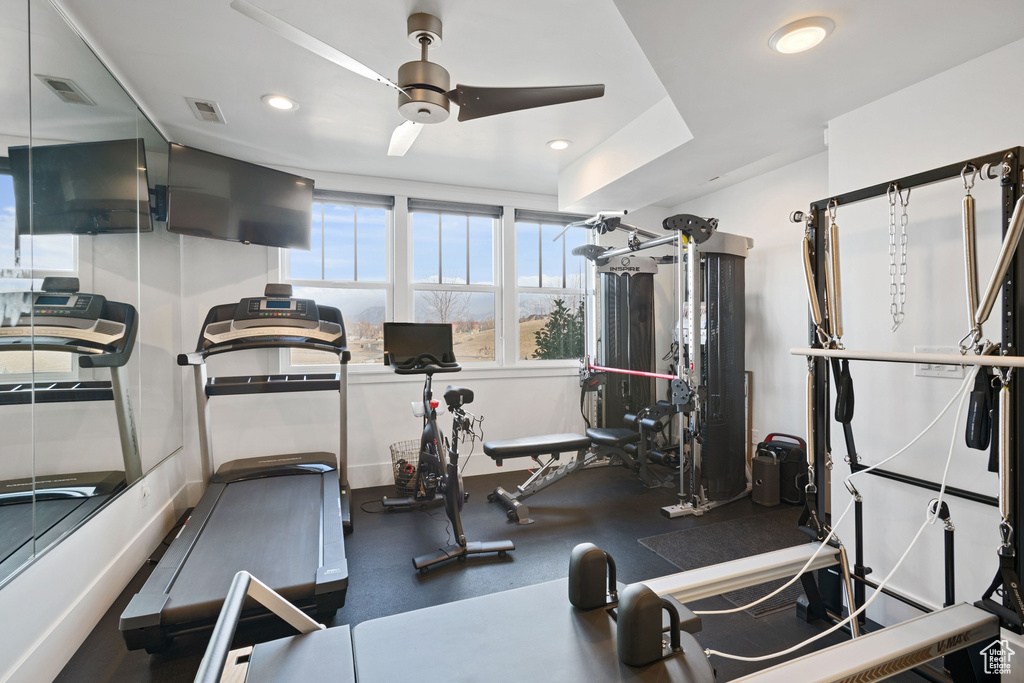 Exercise area featuring ceiling fan and a raised ceiling