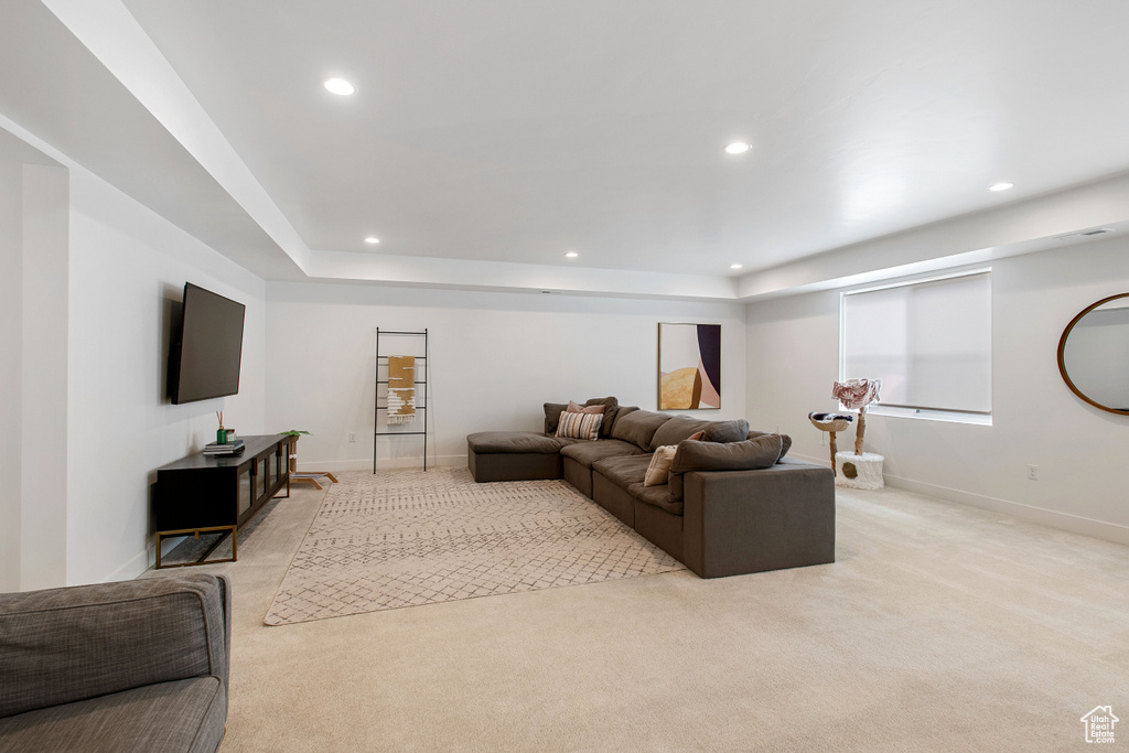 Living room with a raised ceiling and light colored carpet
