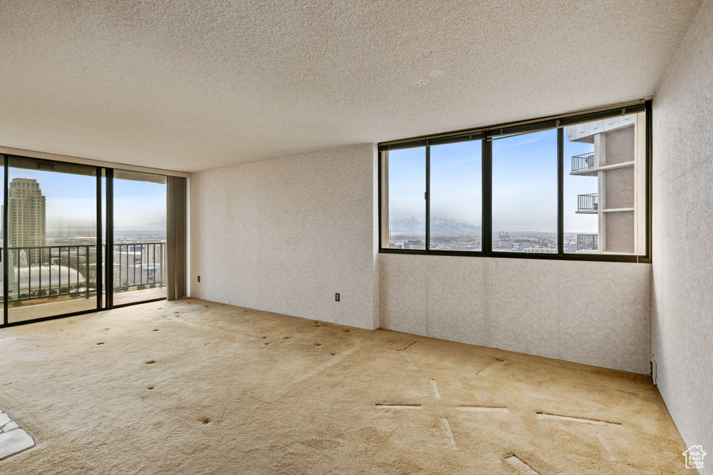 Empty room with a textured ceiling, expansive windows, and light colored carpet