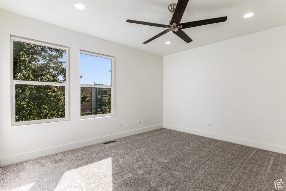 Unfurnished room with carpet, plenty of natural light, and ceiling fan