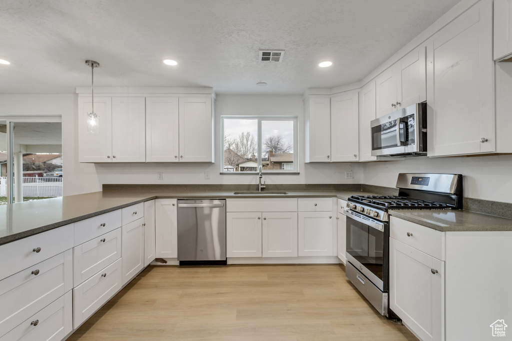 Kitchen with white cabinetry, light hardwood / wood-style flooring, stainless steel appliances, and a healthy amount of sunlight