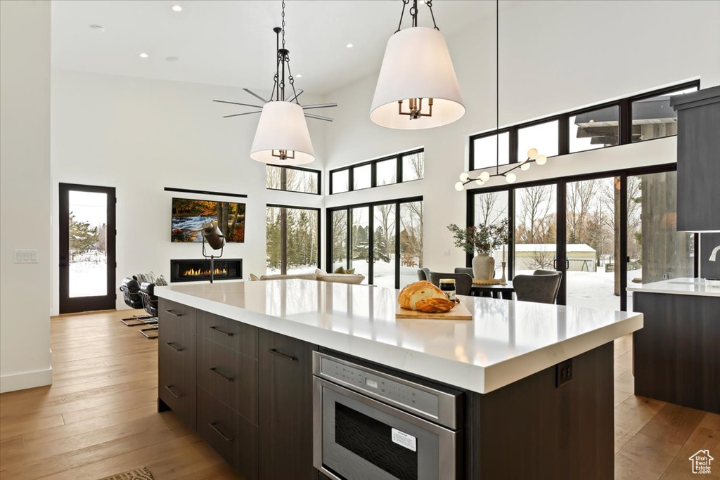 Kitchen with a wealth of natural light, light hardwood / wood-style floors, and hanging light fixtures