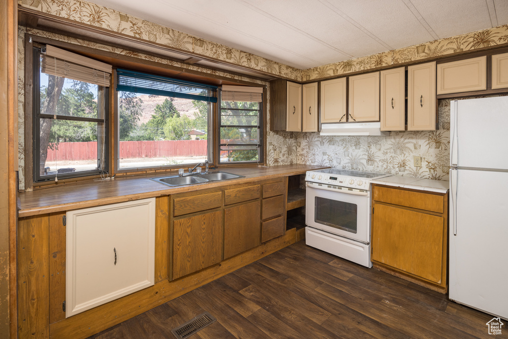 Kitchen with dark hardwood / wood-style flooring, white appliances, sink, and backsplash
