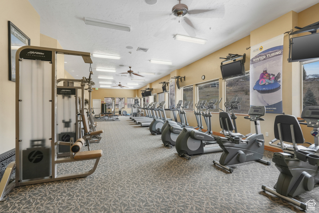 Workout area with dark colored carpet, a textured ceiling, and ceiling fan